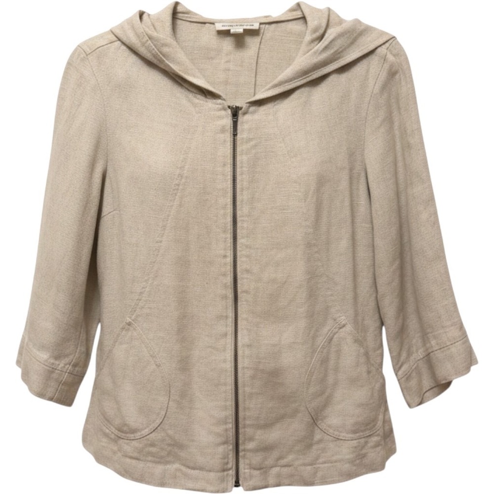 Coldwater Creek Beige 100% Linen Full Zip Hooded Jacket 3/4 Sleeve Small Travel
